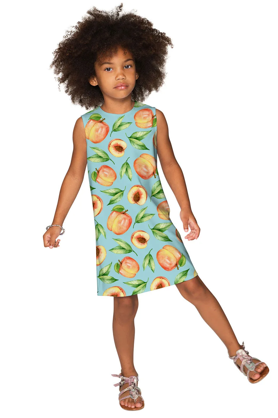 A Rich Peach Adele Green Fruity Print Cute Summer Shift Dress - Girls