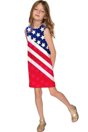 Americana Adele Red & Blue Printed Shift Summer Dress - Girls