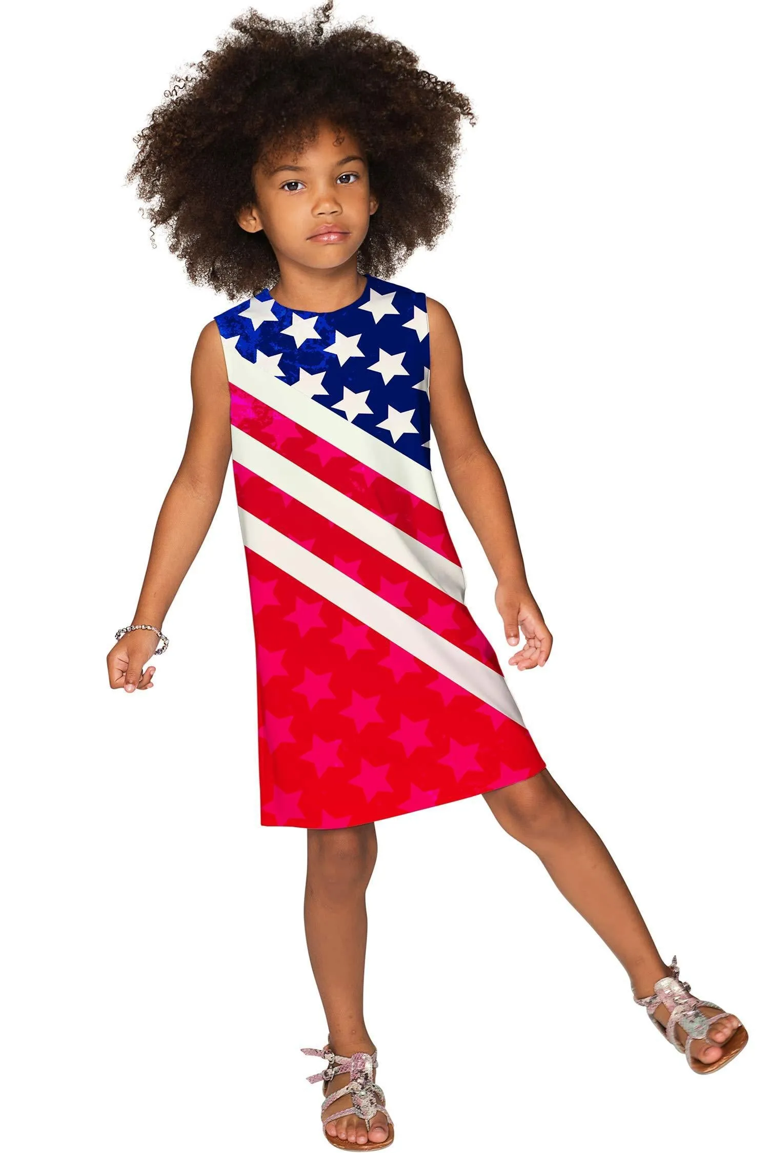 Americana Adele Red & Blue Printed Shift Summer Dress - Girls