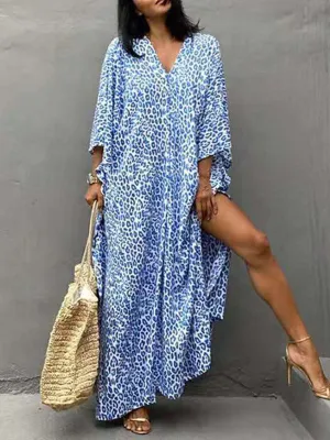 Batwing Sleeves Loose Leopard Split-Side Sun Protection V-Neck Cover-Ups Swimwear Maxi Dresses