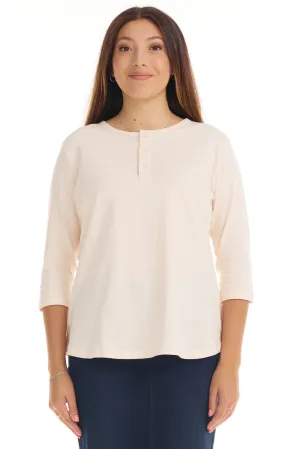 Beige 3/4 Sleeve Cotton Henley Shirt for Women