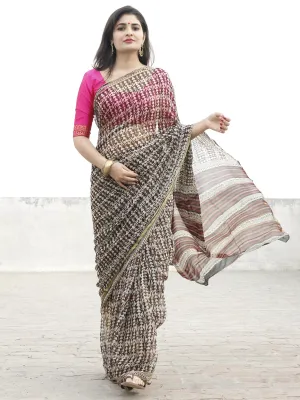 Beige Black Peanut Brown Hand Block Printed Chiffon Saree - S031702570