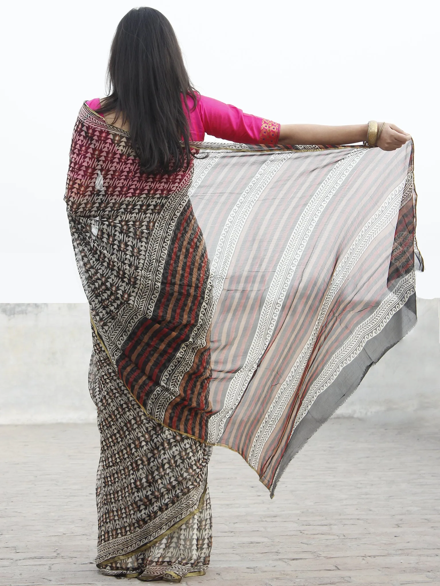 Beige Black Peanut Brown Hand Block Printed Chiffon Saree - S031702570