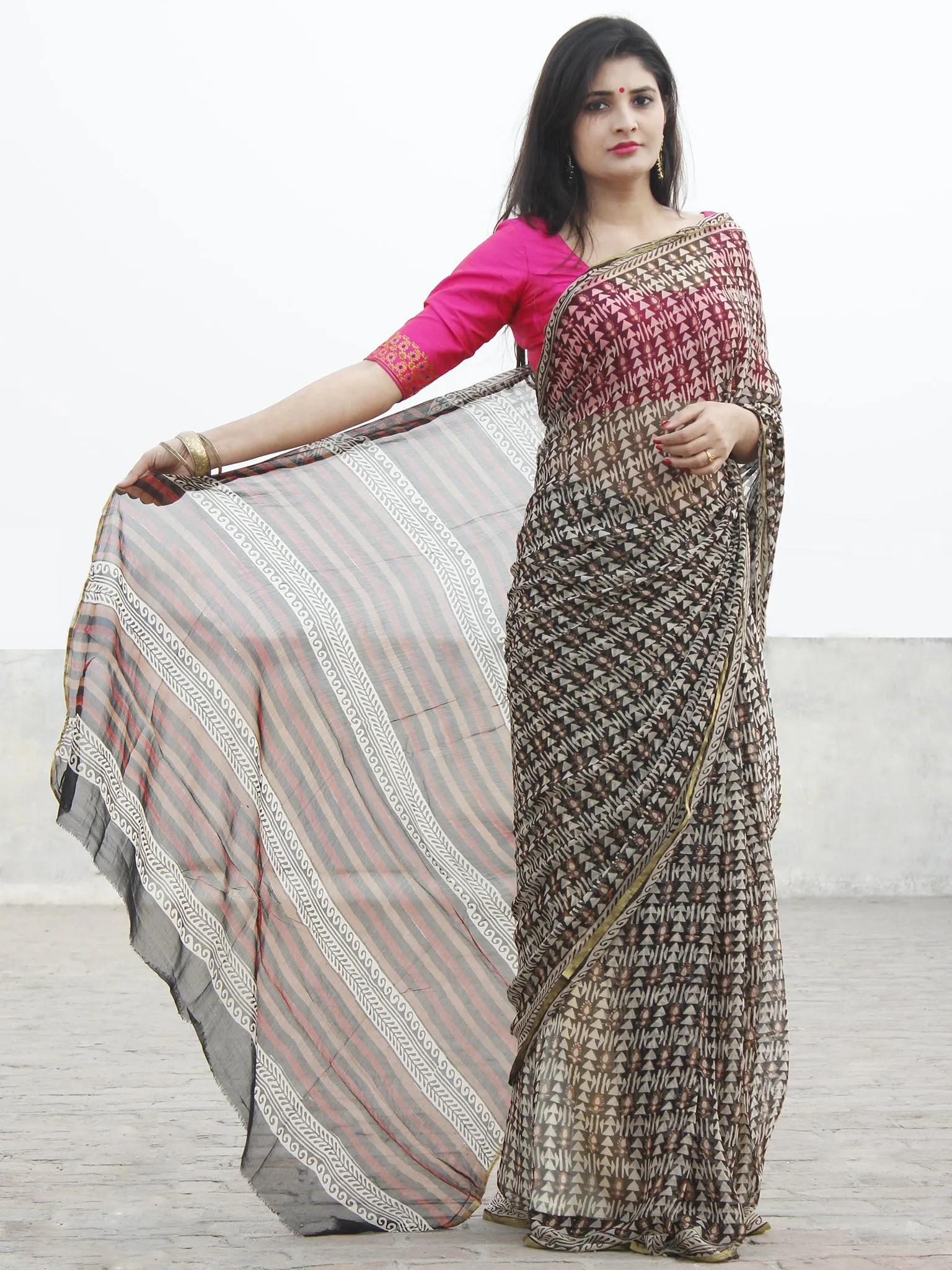 Beige Black Peanut Brown Hand Block Printed Chiffon Saree - S031702570