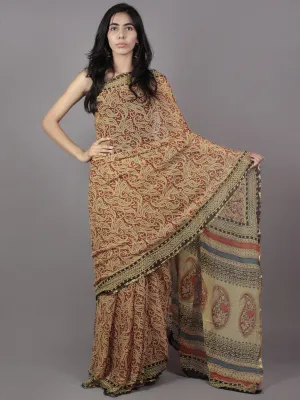 Beige Red Black Hand Block Printed Chiffon Saree - S031701879