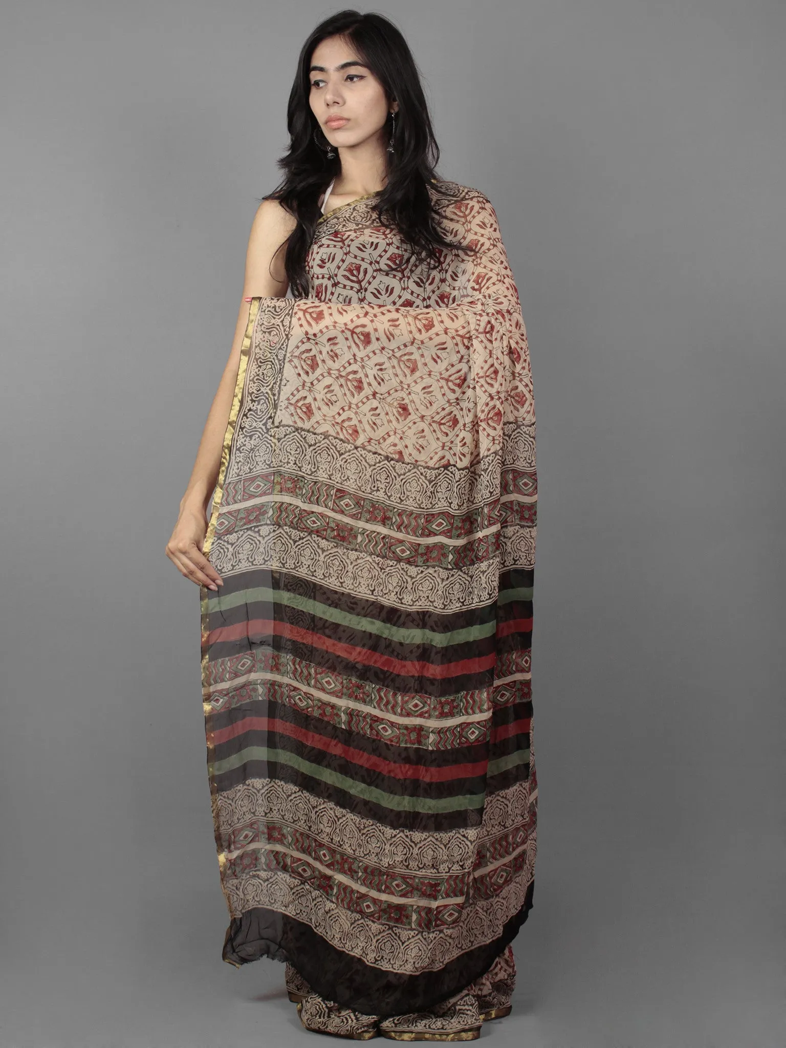 Beige Rust Black Maroon Hand Block Printed Chiffon Saree - S031701886