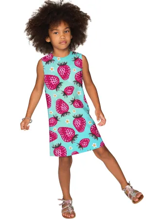 Berry Cute Adele Blue & Pink Strawberry Print Shift Dress - Girls