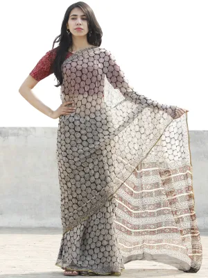 Black & Ivory Hand Block Printed Chiffon Saree with zari border- S031702670