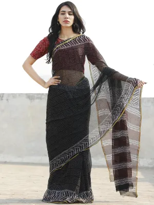 Black & White Hand Block Printed Chiffon Saree with Zari border- S031702685