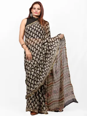 Black Beige Maroon Hand Block Printed Chiffon Saree with Zari Border - S031703420