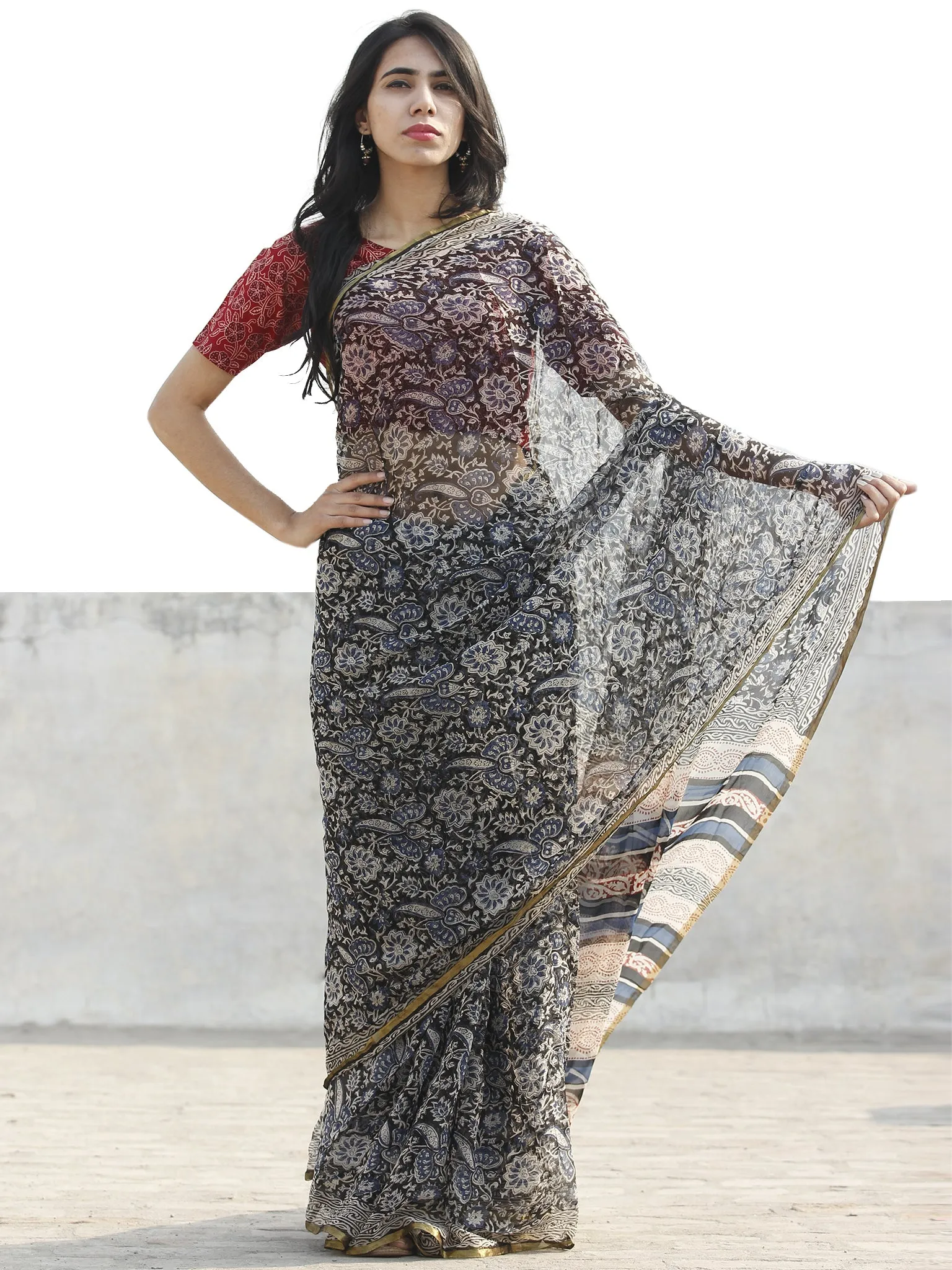 Black Blue Beige Hand Block Printed Chiffon Saree with Zari border- S031702679