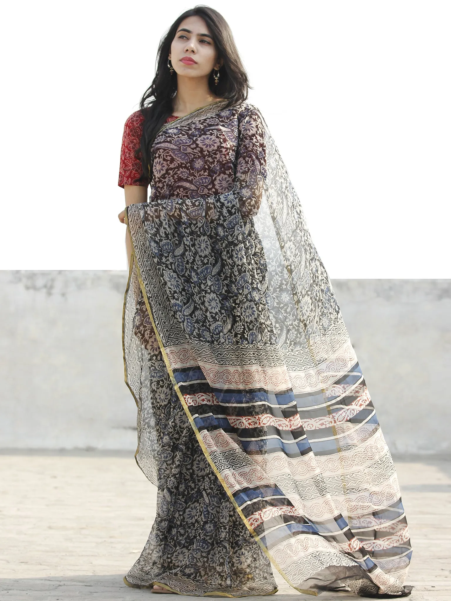 Black Blue Beige Hand Block Printed Chiffon Saree with Zari border- S031702679