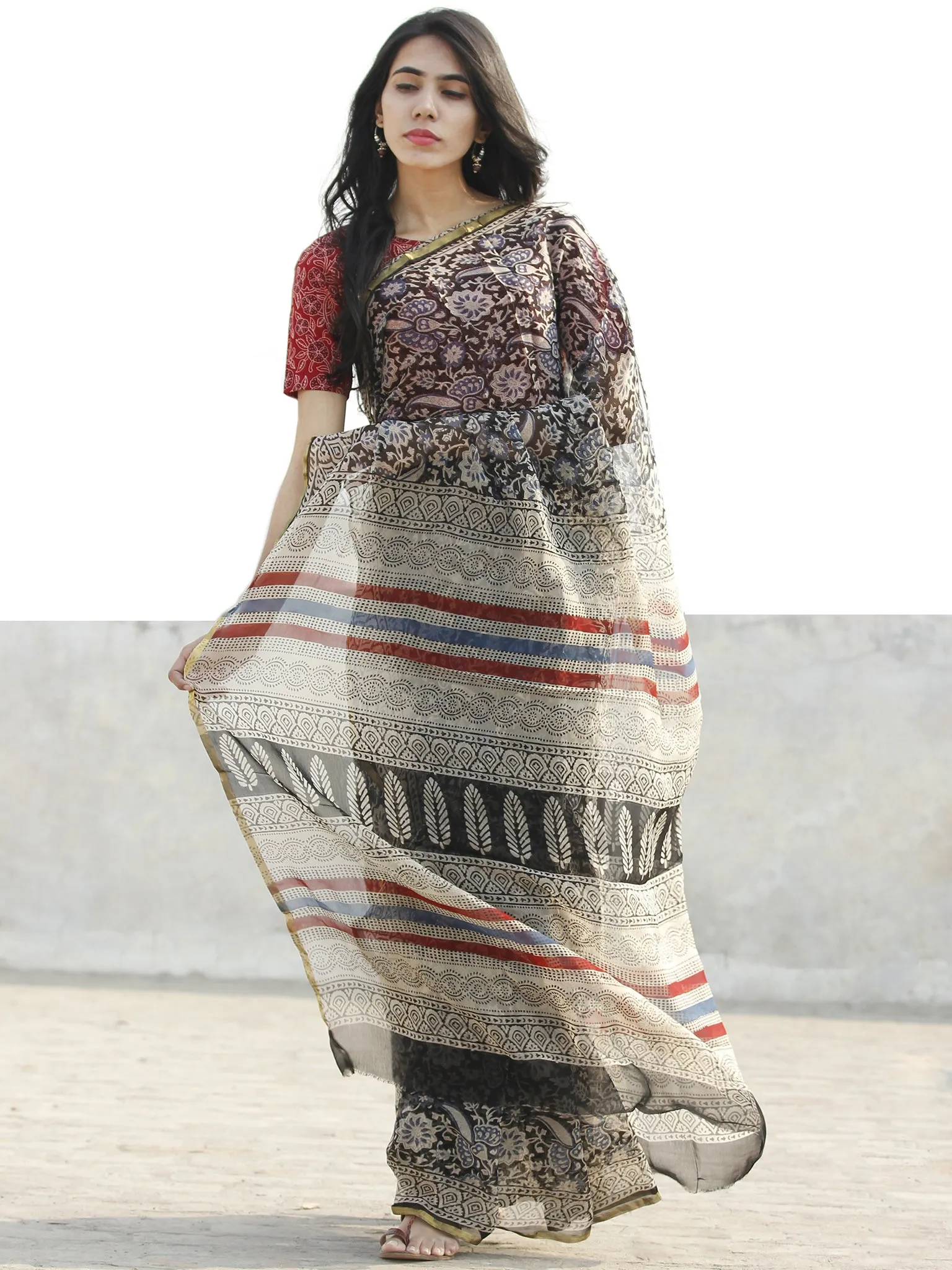 Black Blue Beige  Hand Block Printed Chiffon Saree with Zari border- S031702680