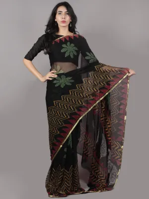 Black Green Yellow Red Hand Block Printed in Natural Colors Chiffon Saree - S031701662