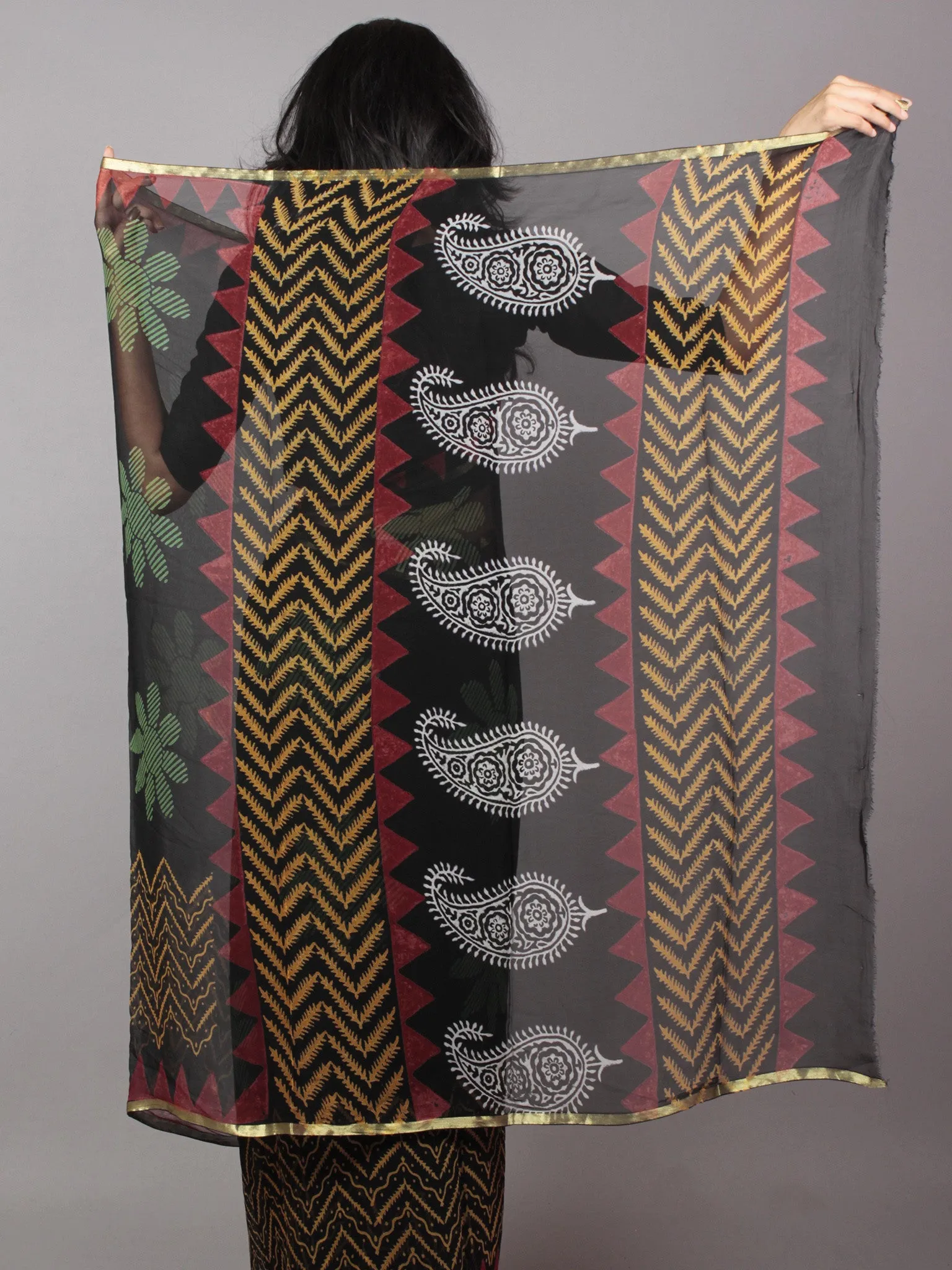 Black Green Yellow Red Hand Block Printed in Natural Colors Chiffon Saree - S031701662