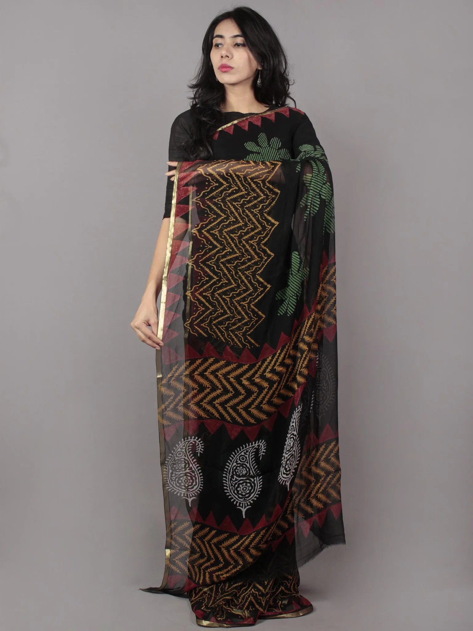 Black Green Yellow Red Hand Block Printed in Natural Colors Chiffon Saree - S031701662