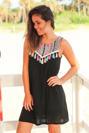 Black Short Dress with Tassel Detail