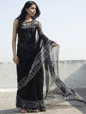 Black White Grey Hand Block Printed Chiffon Saree - S031702321