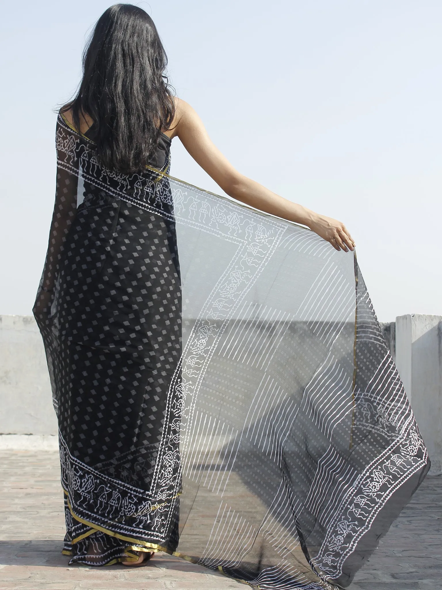 Black White Grey Hand Block Printed Chiffon Saree - S031702321