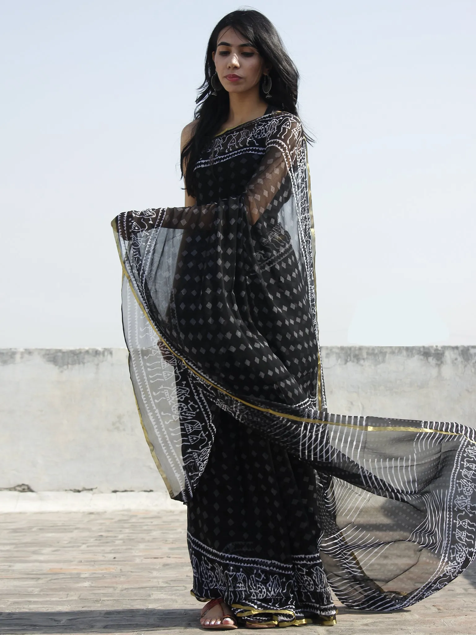 Black White Grey Hand Block Printed Chiffon Saree - S031702321