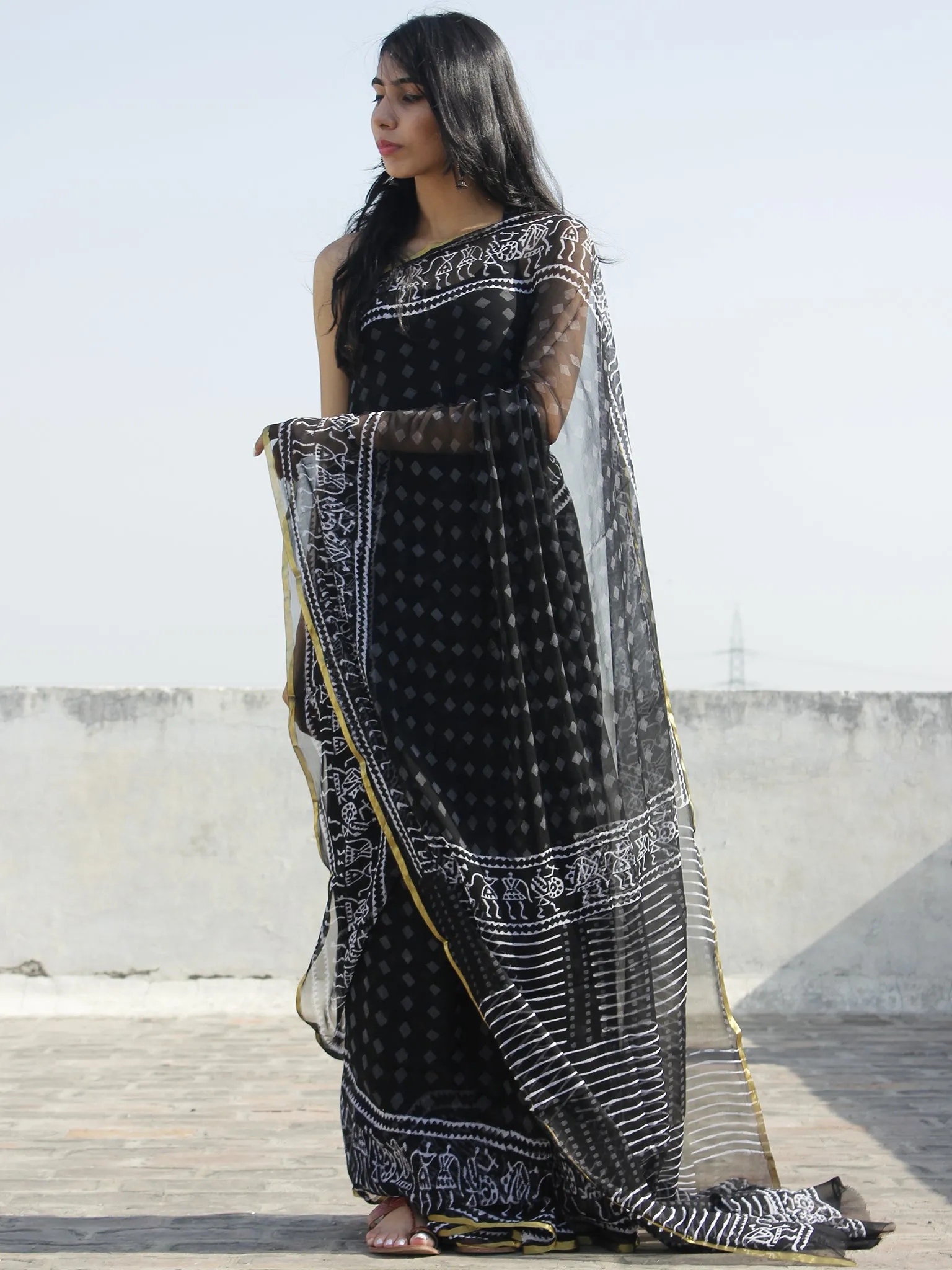 Black White Grey Hand Block Printed Chiffon Saree - S031702321