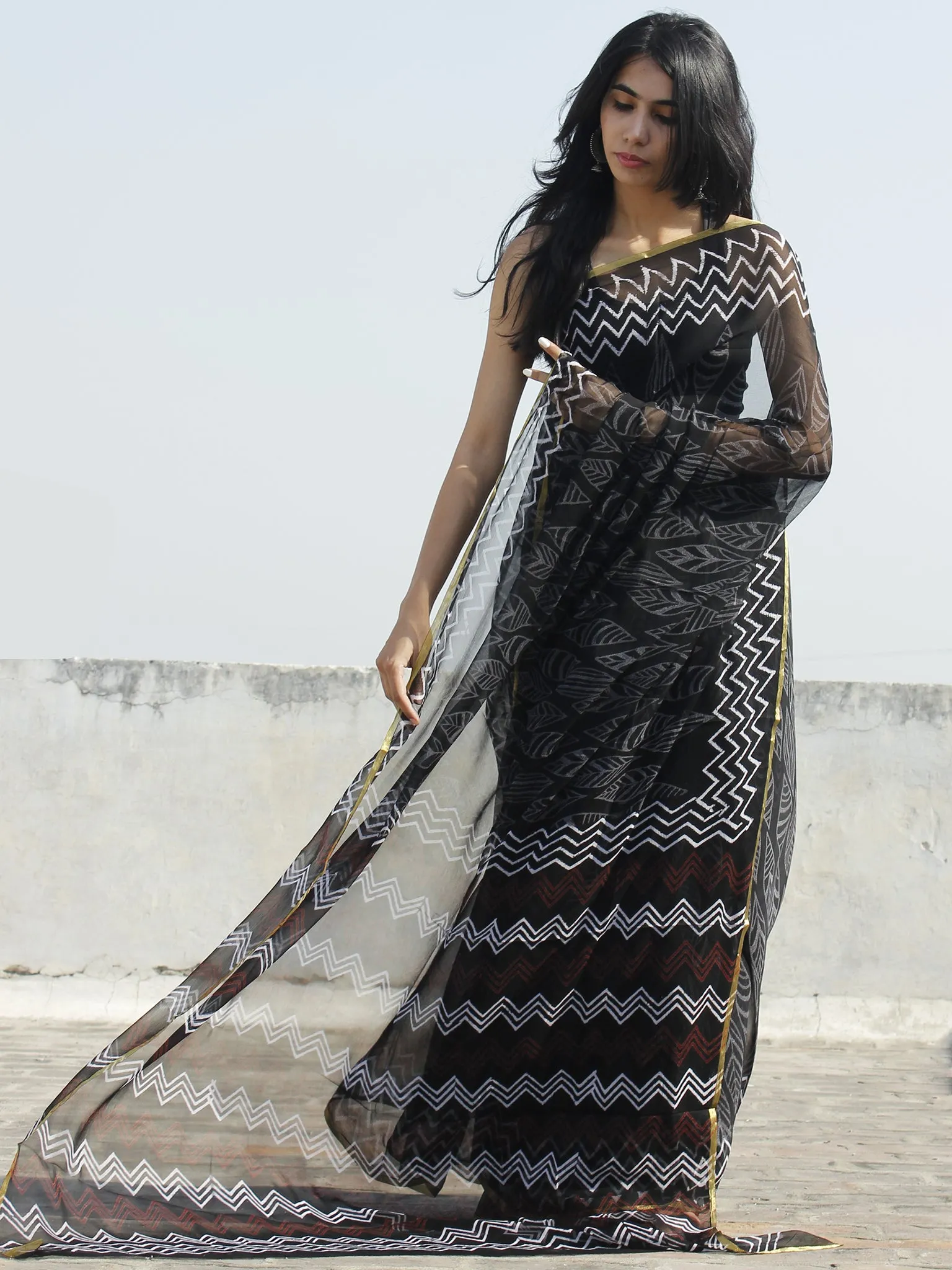 Black White Grey Hand Block Printed Chiffon Saree - S031702324