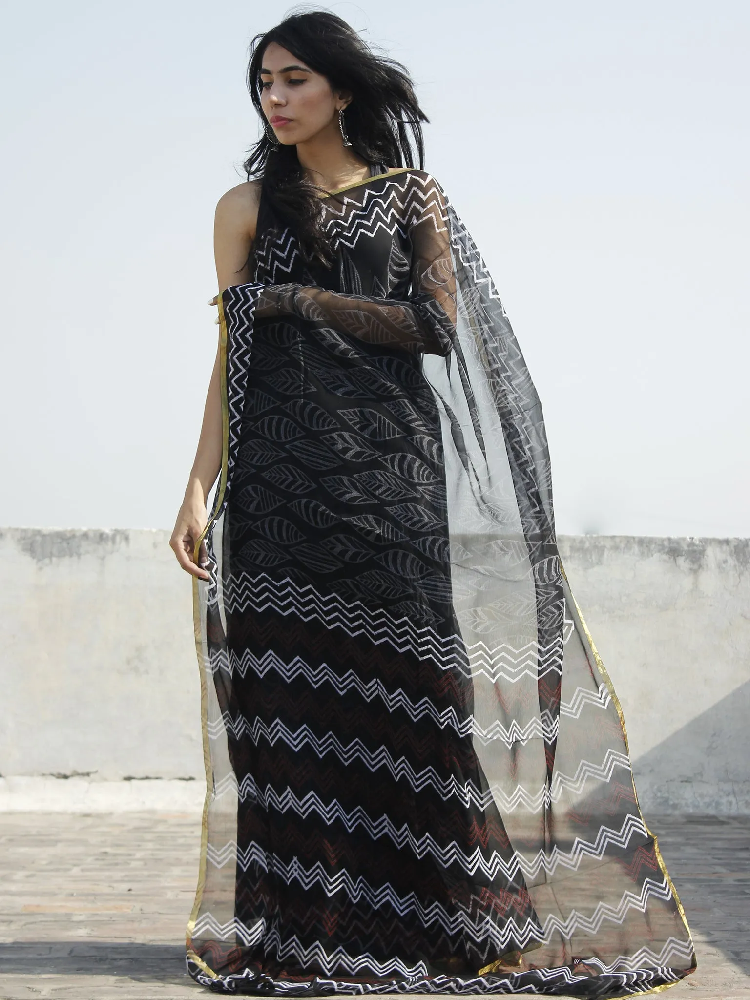 Black White Grey Hand Block Printed Chiffon Saree - S031702324