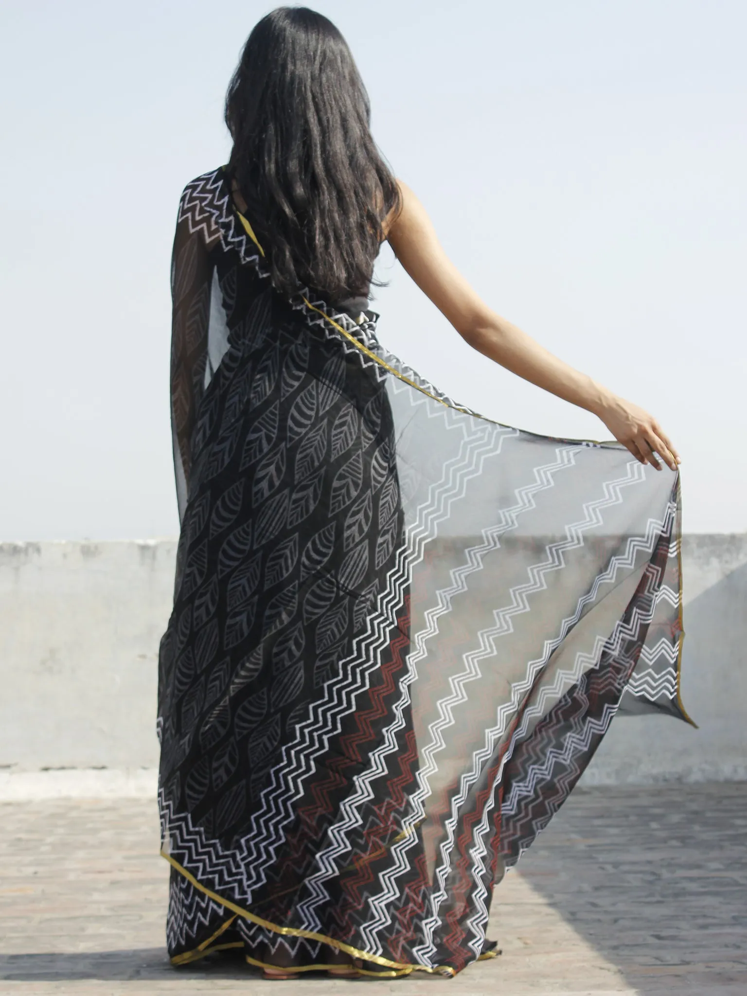 Black White Grey Hand Block Printed Chiffon Saree - S031702324