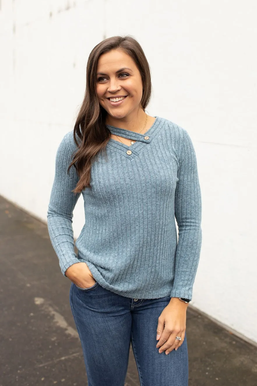 Blue Button Vneck Ribbed Sweater LS (SM-2X)