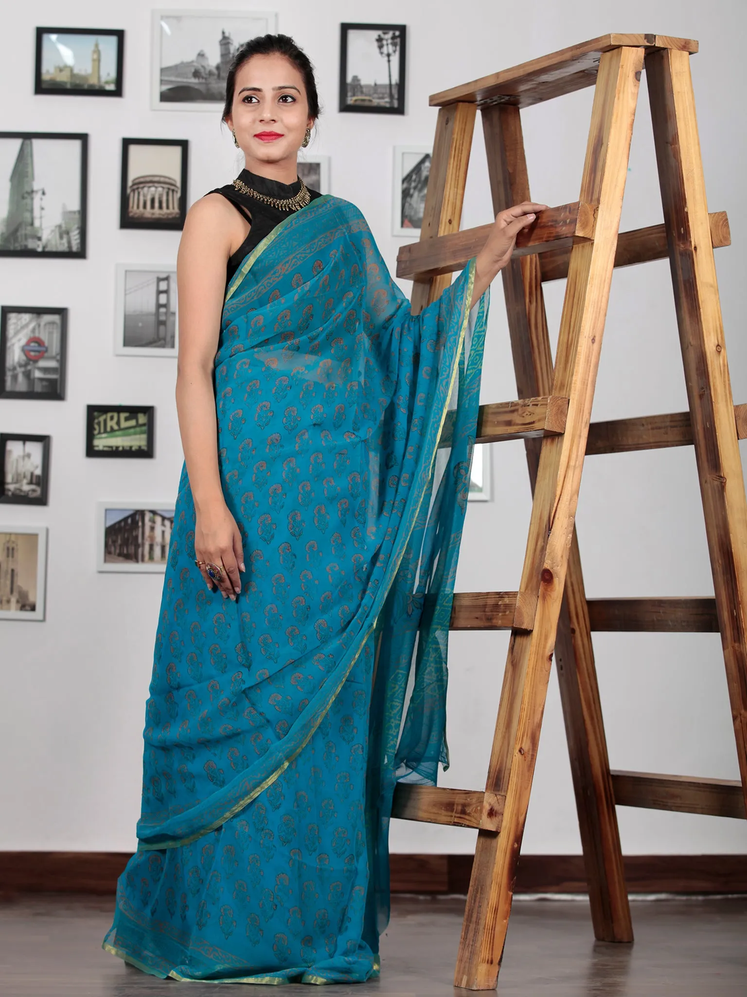 Blue Rust Orange Hand Block Printed Chiffon Saree with Zari Border - S031702738