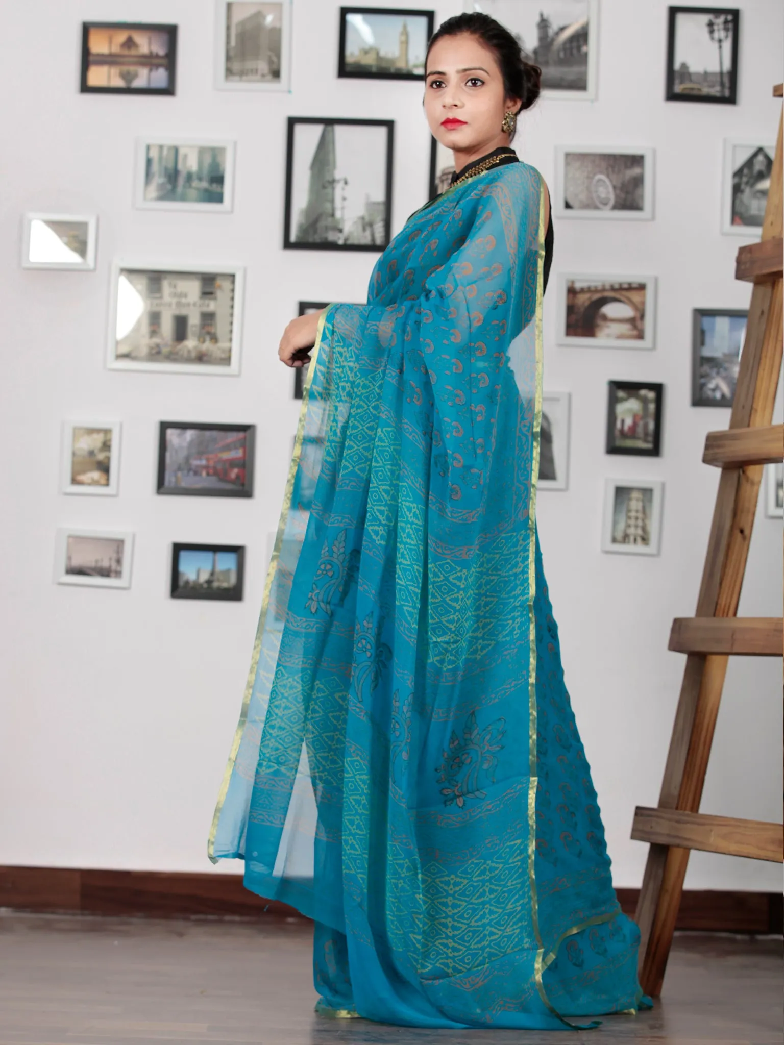 Blue Rust Orange Hand Block Printed Chiffon Saree with Zari Border - S031702738