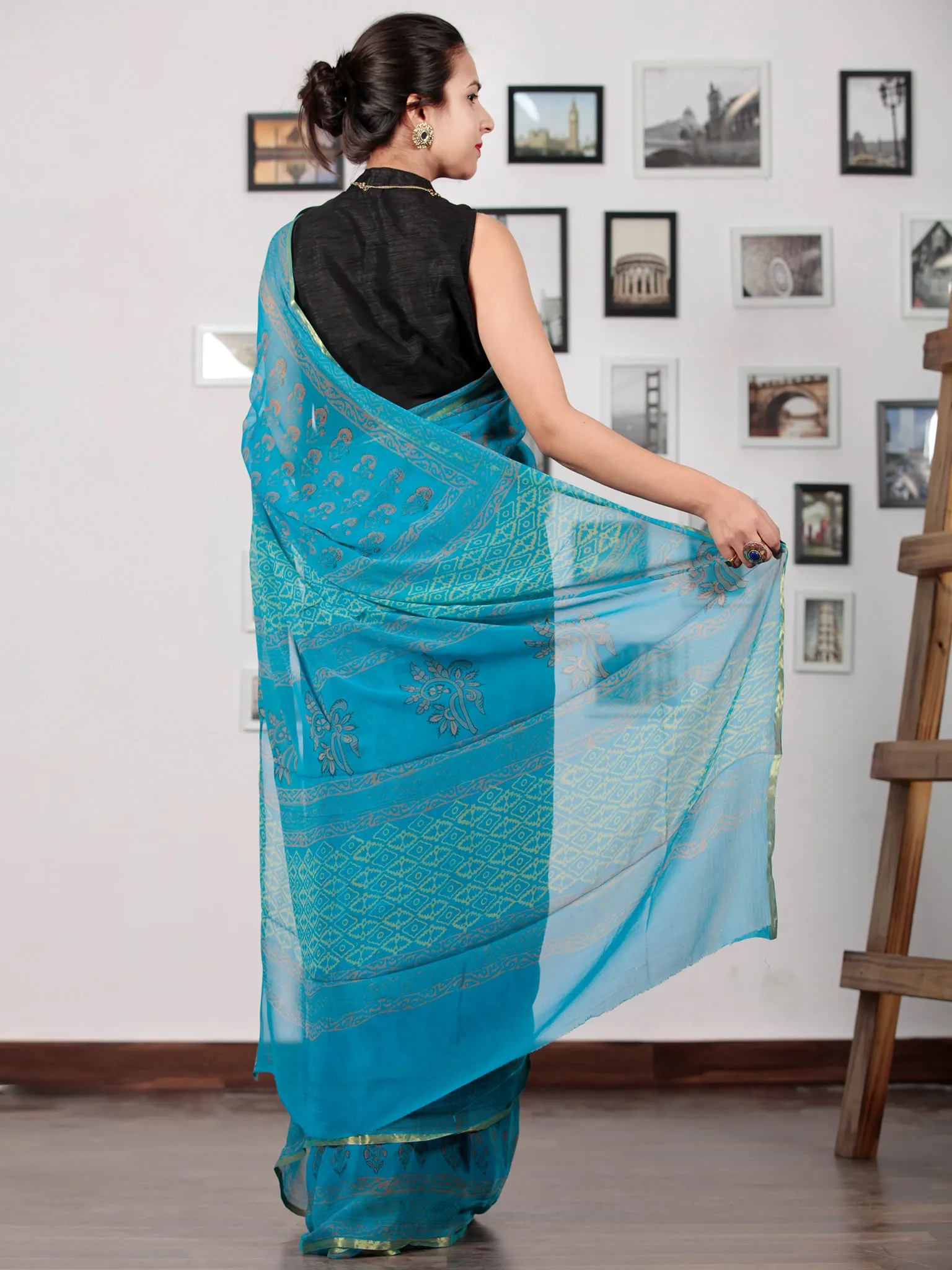 Blue Rust Orange Hand Block Printed Chiffon Saree with Zari Border - S031702738