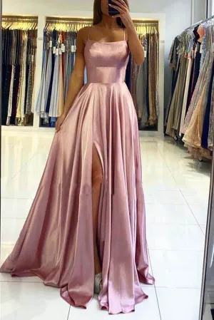 Blush A Line Silk Satin Scoop Spaghetti Straps Prom Dresses, Party Dress