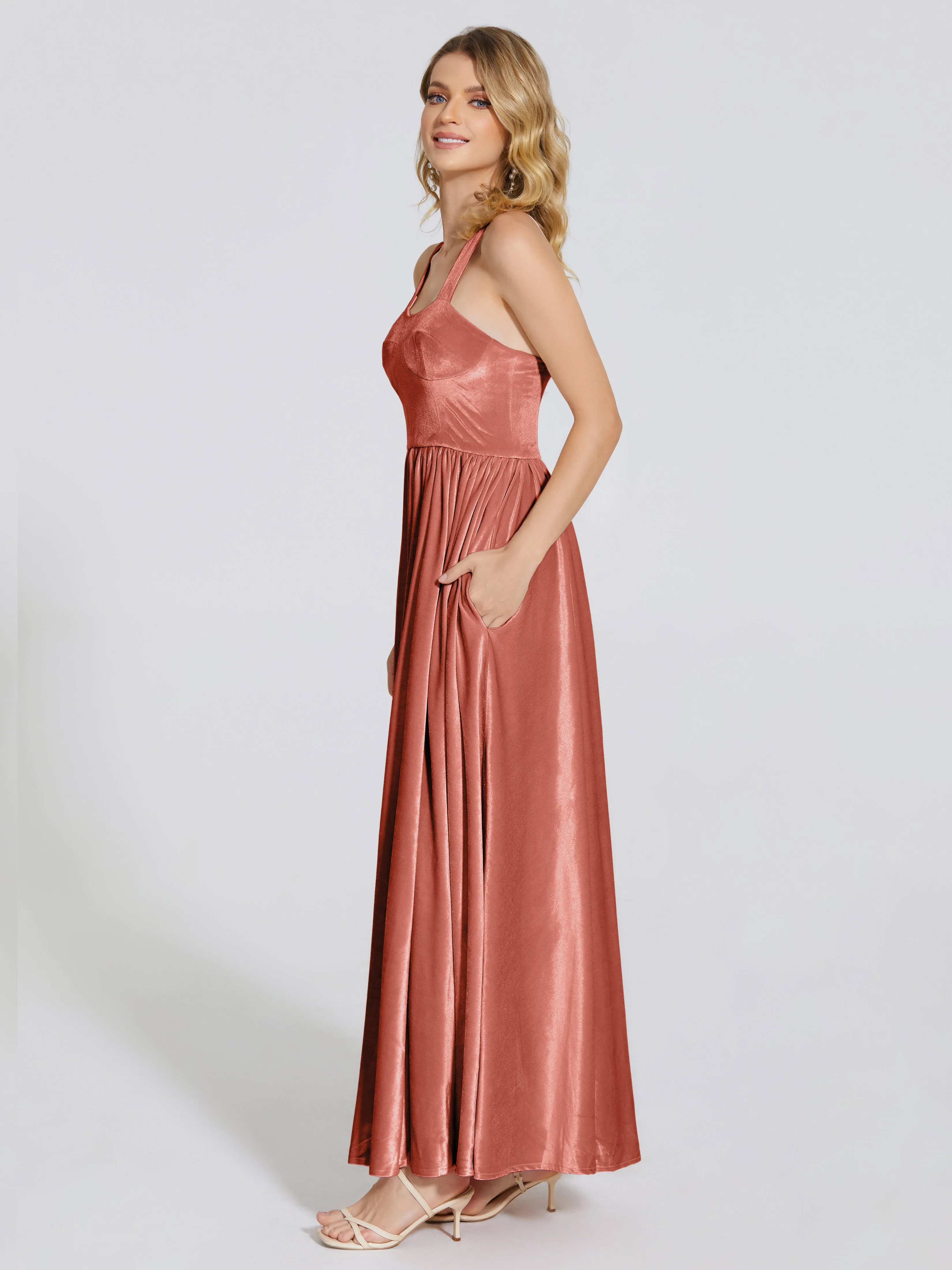 Brynlee Simple Spaghetti Straps Velvet Bridesmaid Dresses