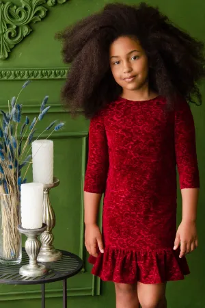 Burgundy Velvet Jacquard Holiday Dress - Girls