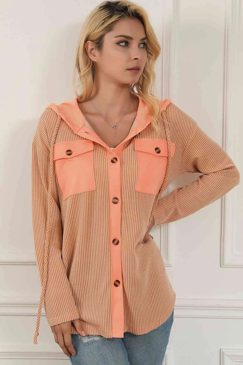 Button Down Drawstring Hooded Jacket