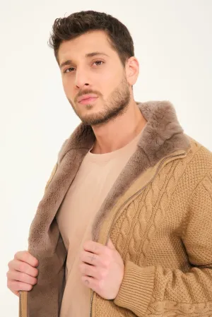 Camel Wool & Rex Fur Knit Cardigan