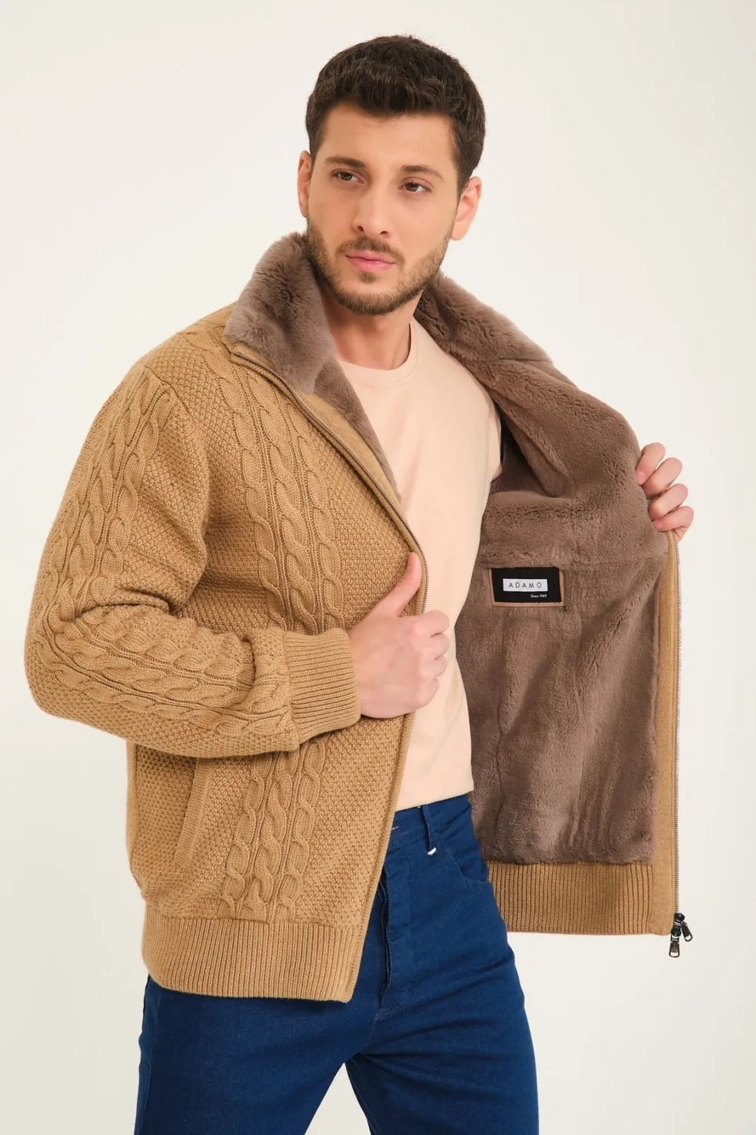 Camel Wool & Rex Fur Knit Cardigan