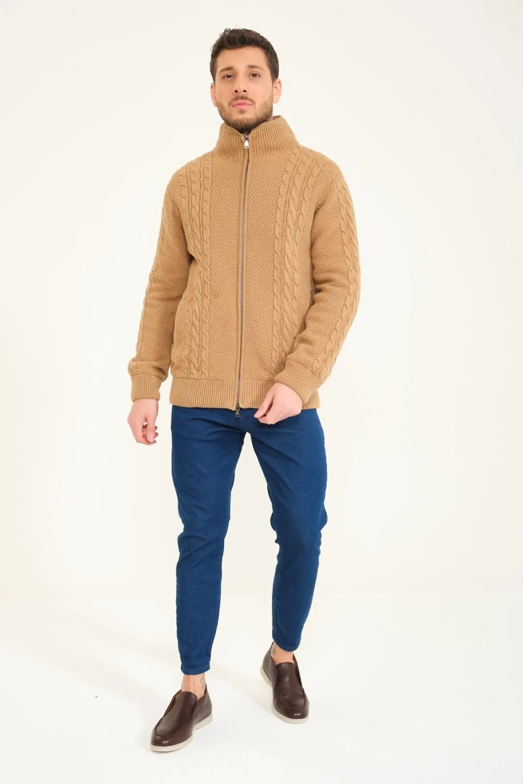 Camel Wool & Rex Fur Knit Cardigan