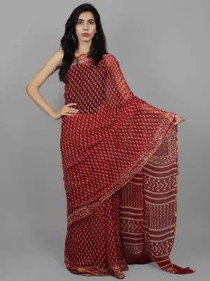 Cherry Red Ivory Hand Block Printed Chiffon Saree - S031702072