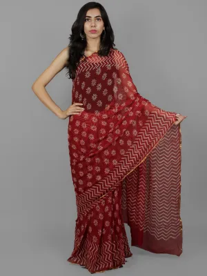 Cherry Red Ivory Hand Block Printed Chiffon Saree - S031702074