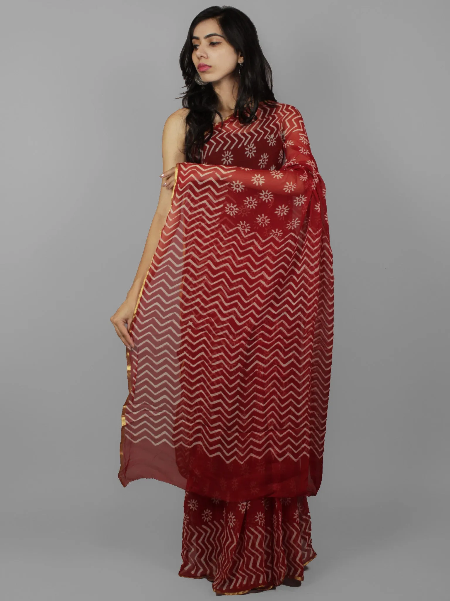 Cherry Red Ivory Hand Block Printed Chiffon Saree - S031702074