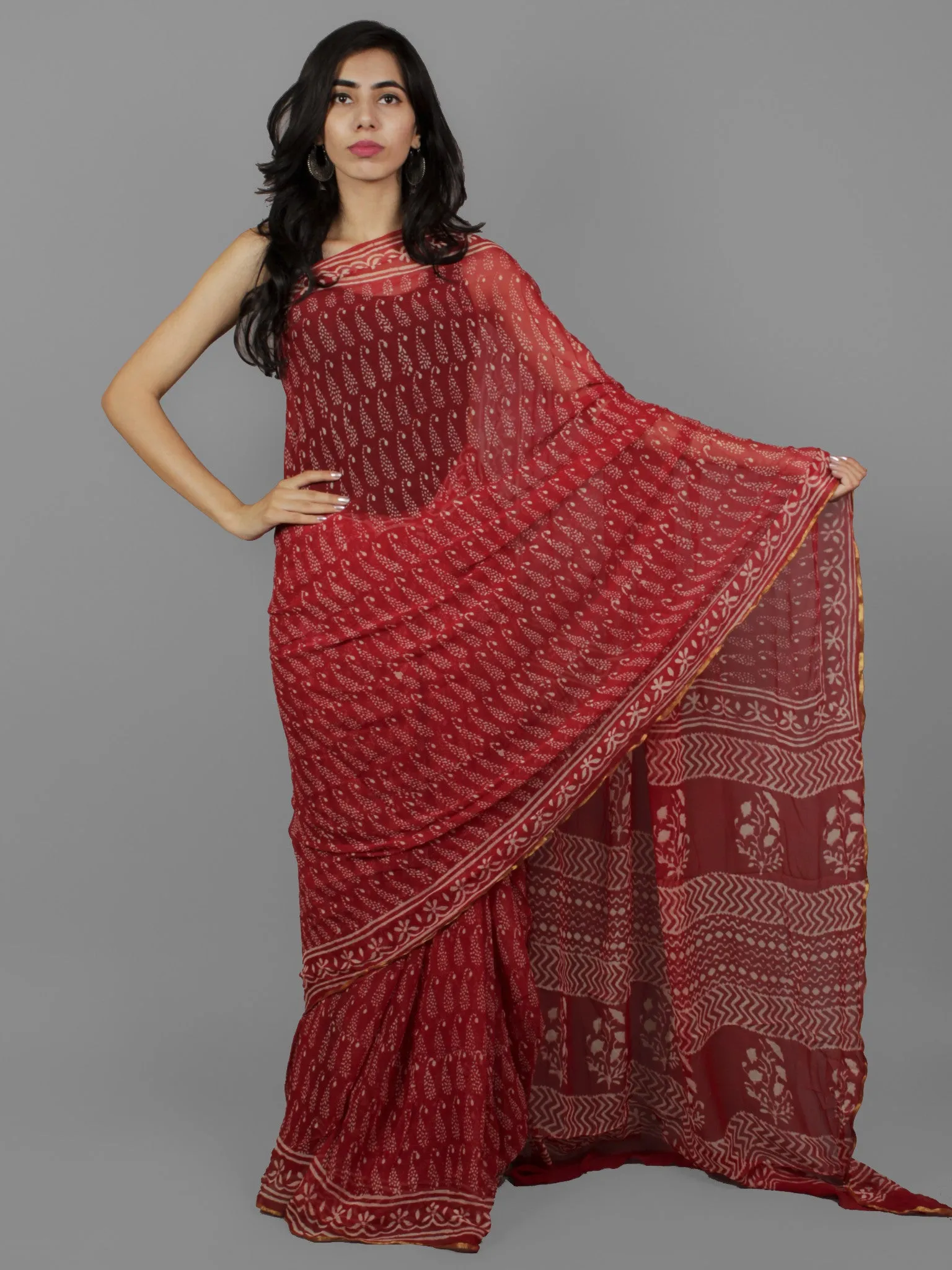 Cherry Red Ivory Hand Block Printed Chiffon Saree - S031702075