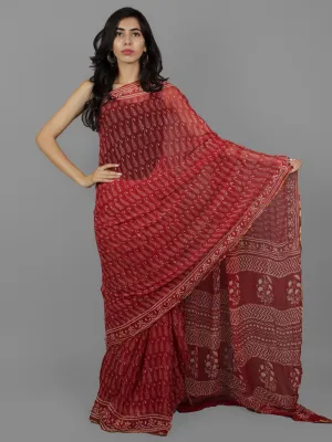 Cherry Red Ivory Hand Block Printed Chiffon Saree - S031702075