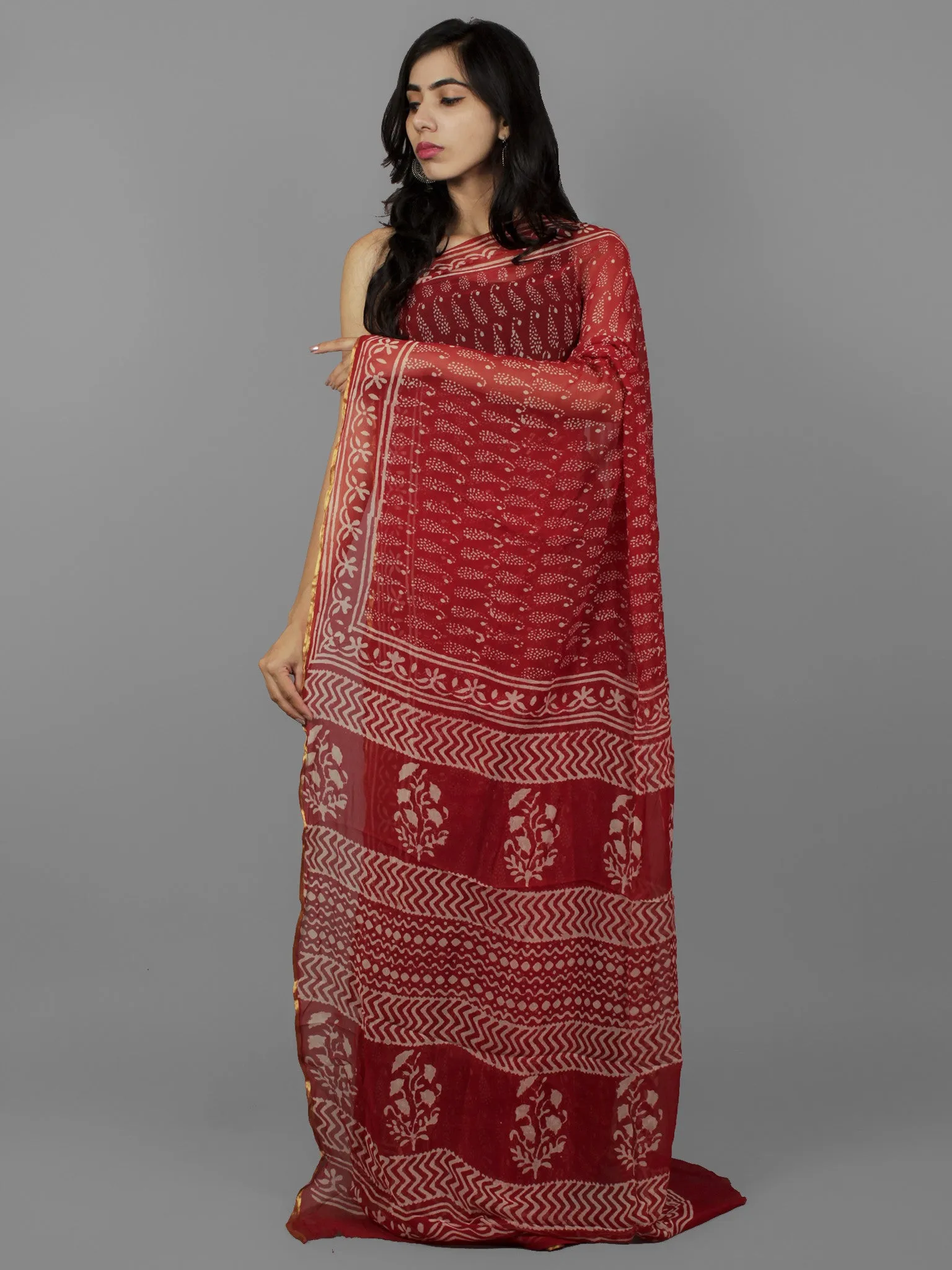 Cherry Red Ivory Hand Block Printed Chiffon Saree - S031702075