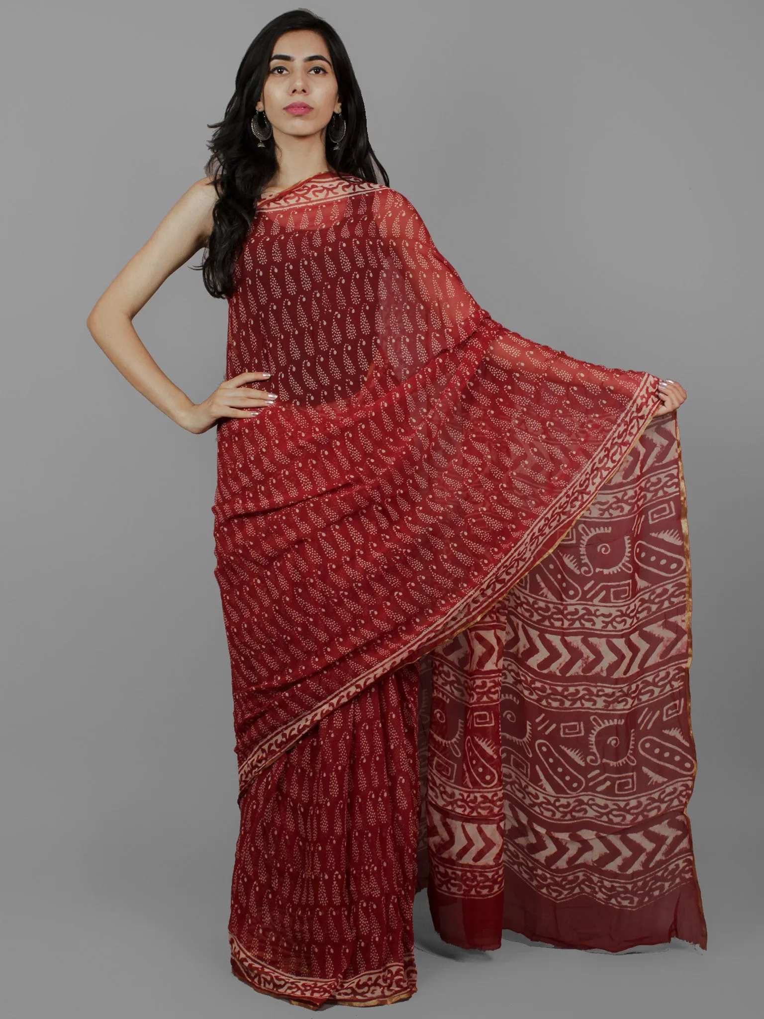 Cherry Red Ivory Hand Block Printed Chiffon Saree - S031702081