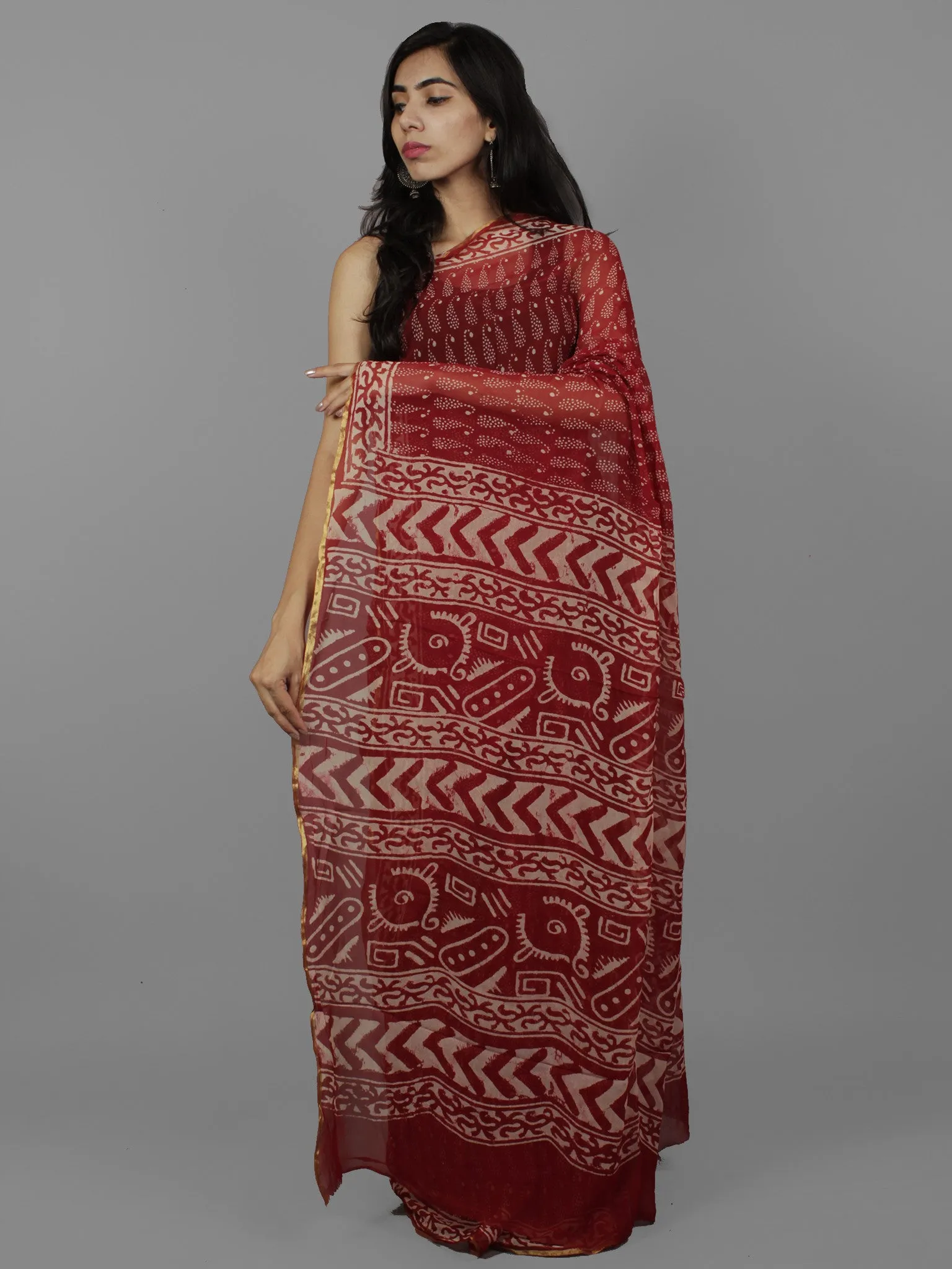 Cherry Red Ivory Hand Block Printed Chiffon Saree - S031702081