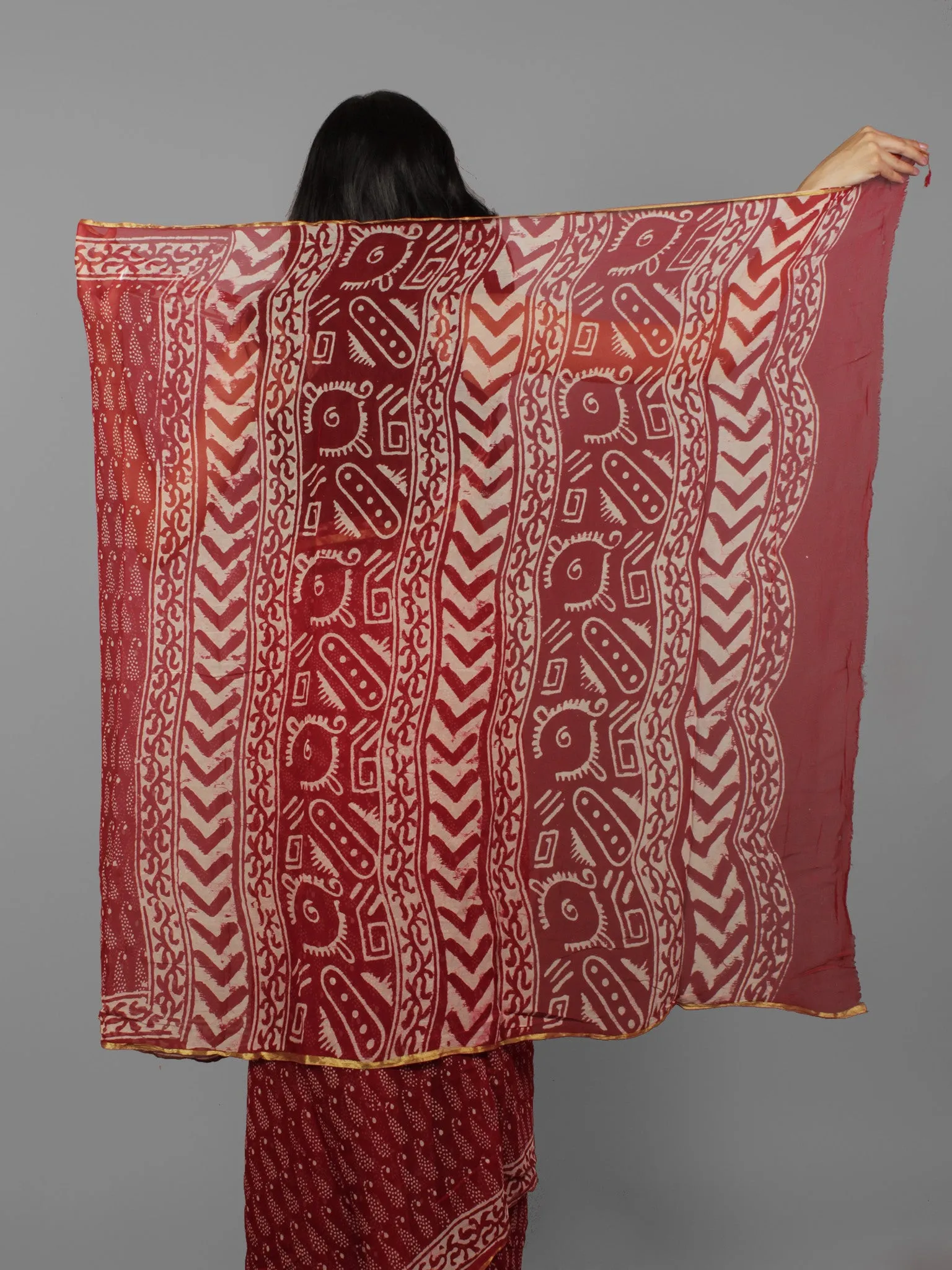 Cherry Red Ivory Hand Block Printed Chiffon Saree - S031702081