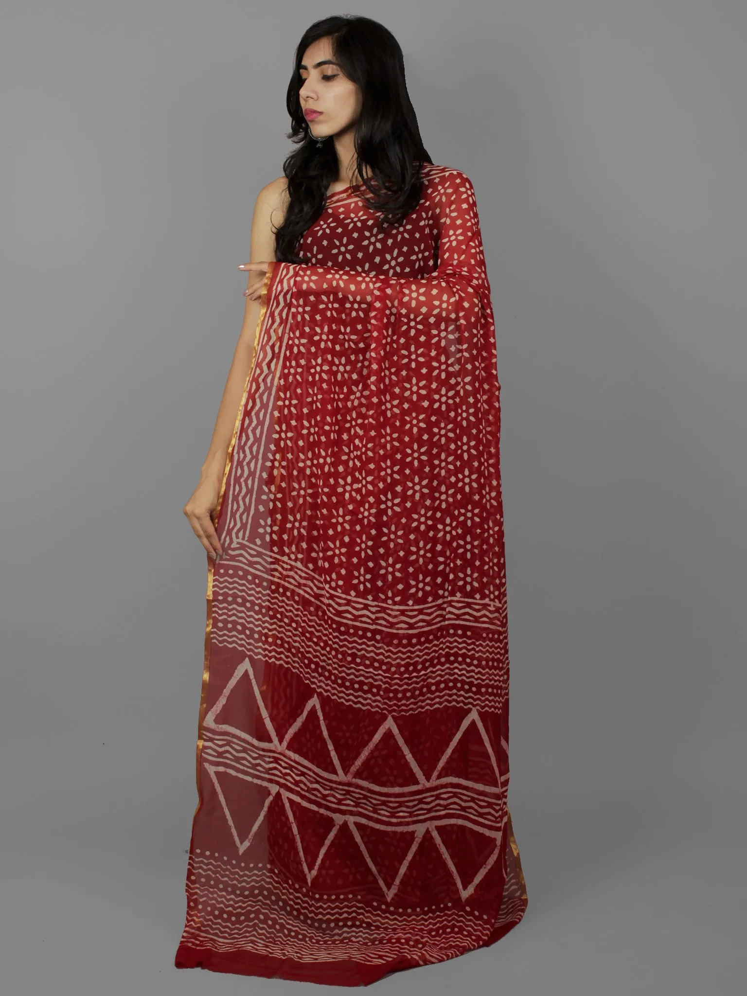 Cherry Red Ivory Hand Block Printed Chiffon Saree - S031702085