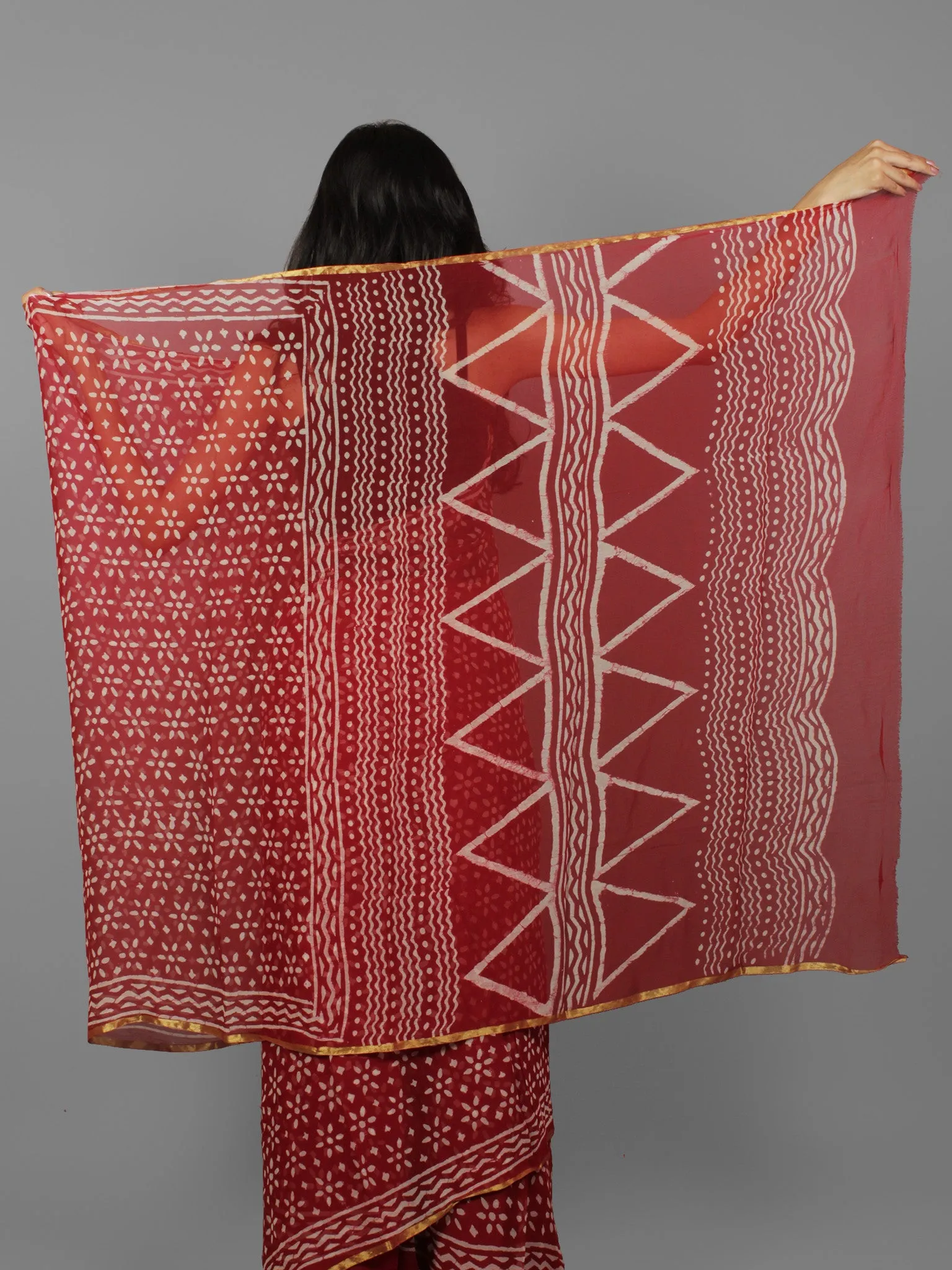 Cherry Red Ivory Hand Block Printed Chiffon Saree - S031702085